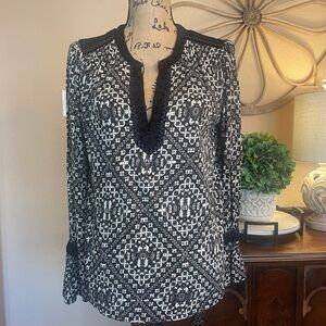Lucky Brand Black Velvet Trim Top with Black & White Geo Pattern